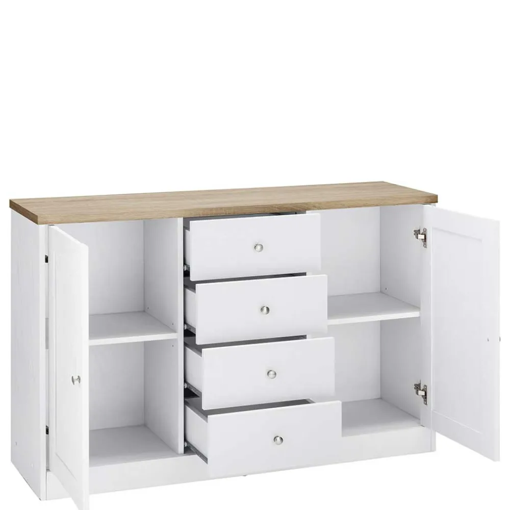 Wohnen Landhausmöbel|Küchenschränke*120x80x35 Kommode in Weiß mit Sonoma Eiche - Nudion I