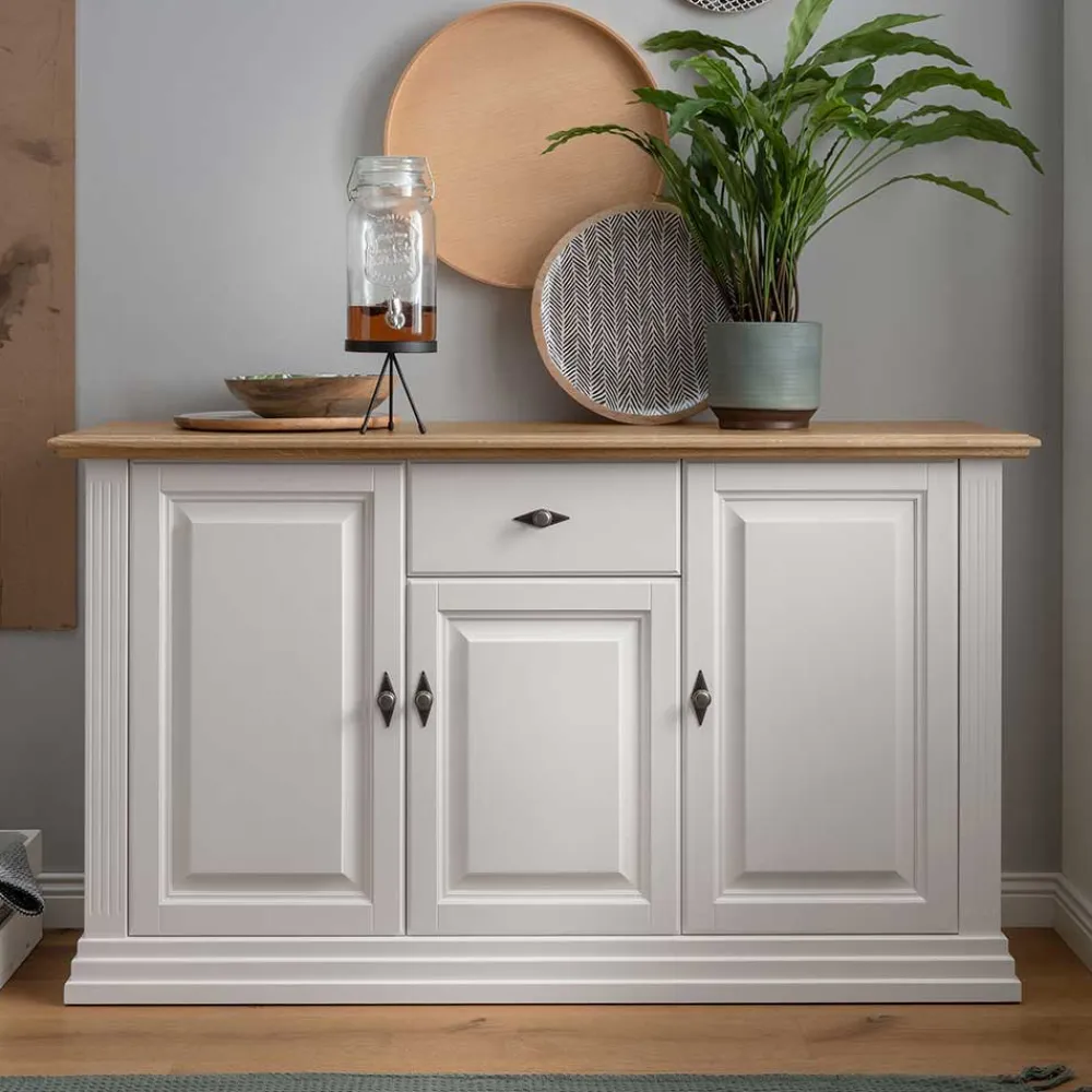 Wohnen 157x91x45 Landhaus Kommode in Weiß & Eiche - Henry