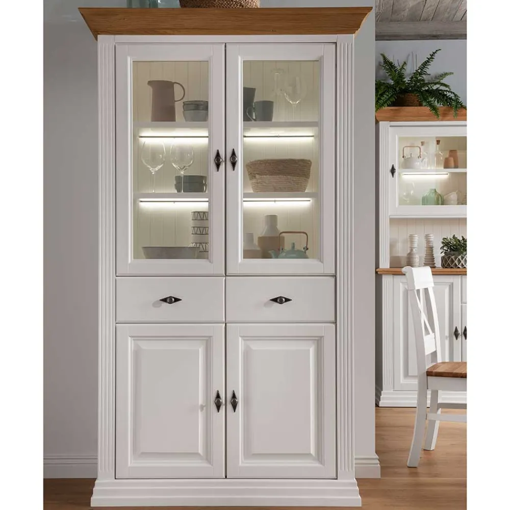 Wohnen Esszimmer-Vitrinen|Vitrinen*116x199x45 Landhaus Vitrinenschrank in Weiß - Henry