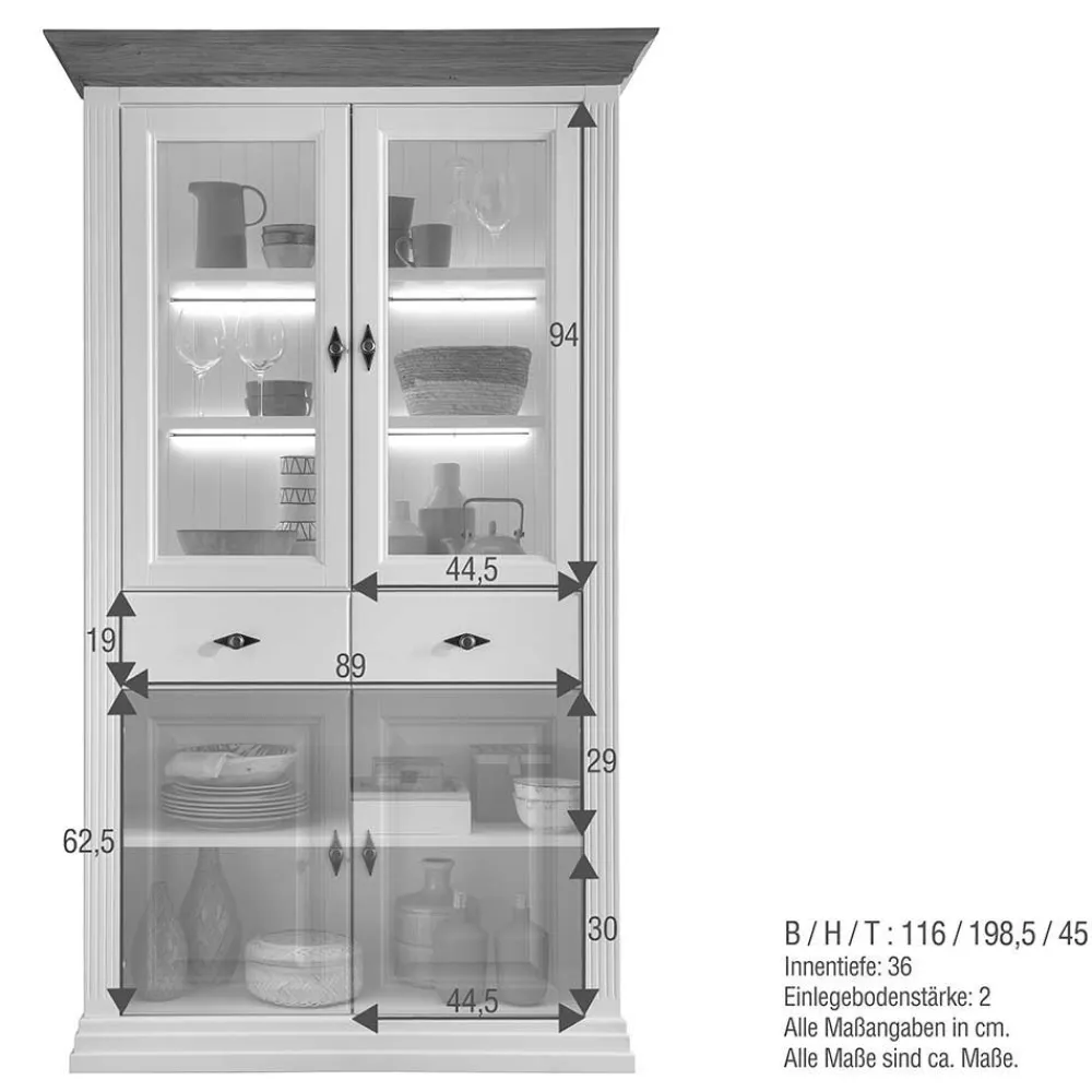 Wohnen Esszimmer-Vitrinen|Vitrinen*116x199x45 Landhaus Vitrinenschrank in Weiß - Henry