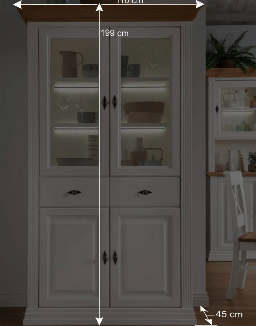 Wohnen Esszimmer-Vitrinen|Vitrinen*116x199x45 Landhaus Vitrinenschrank in Weiß - Henry