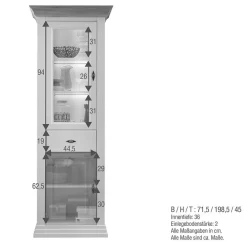 Wohnen Vitrinen|Wohnzimmer-Vitrinen*72x199x45 Modern Country Vitrinenschrank in Weiß - Henry
