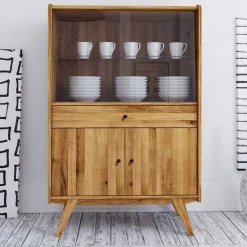Wohnen Glasmöbel|Massivholzmöbel*100x154x50 Retro Vitrinenschrank aus Wildeiche - Hardus