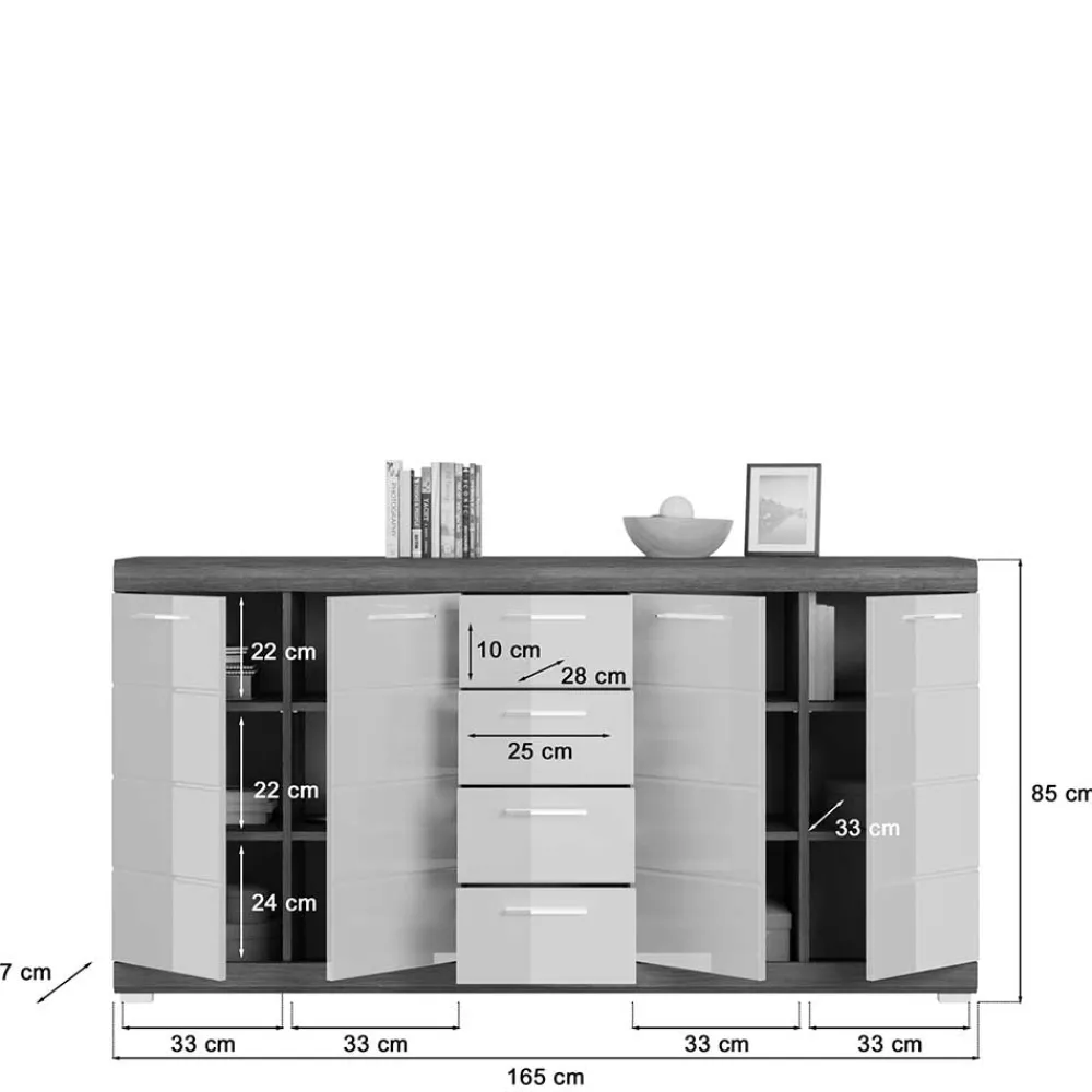Wohnen 165x85x37 Sideboard in Weiß HG & Grau - Nancys