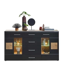 Wohnen 170x93x40 Sideboard mit Glas in Schwarz & Wildeiche - Kandu