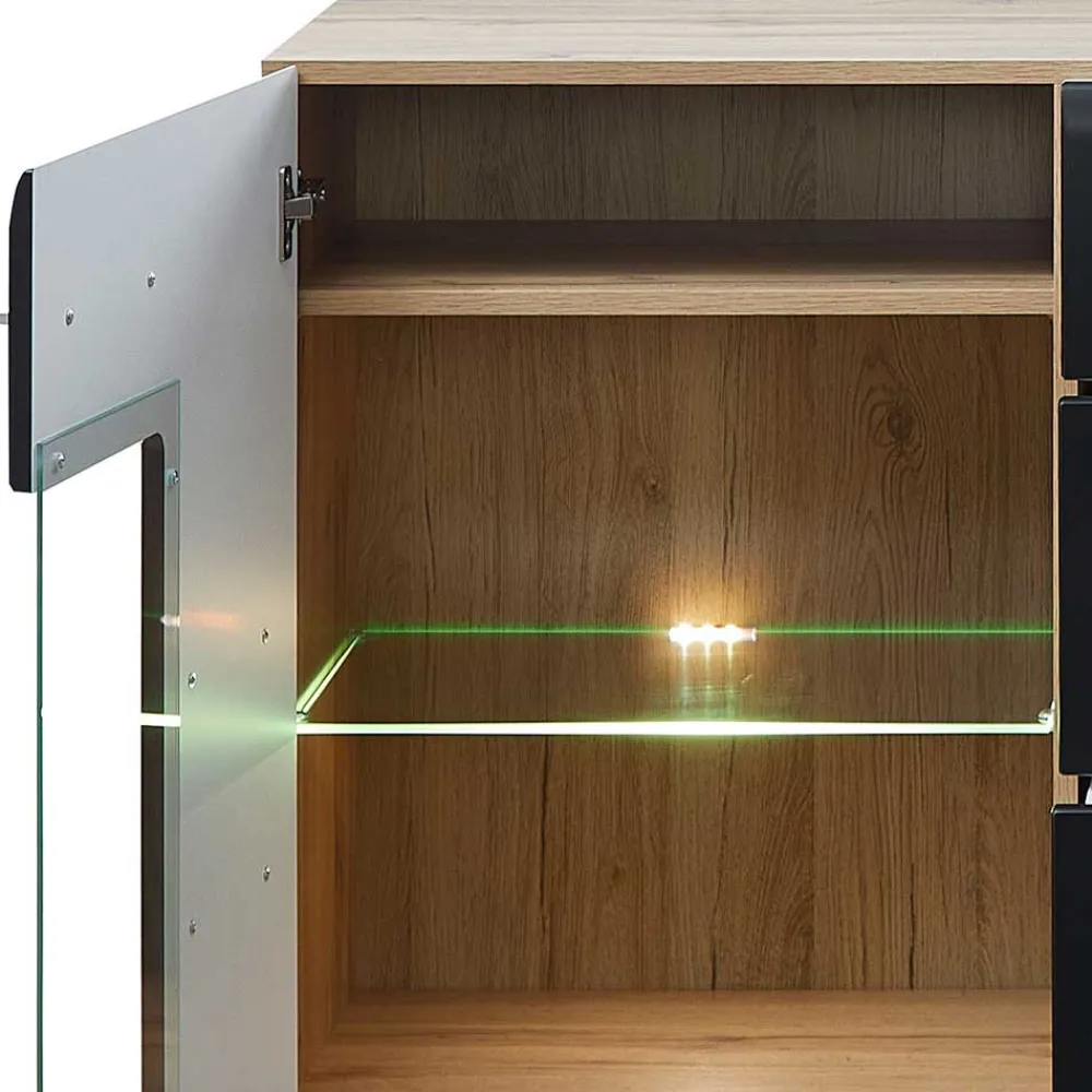 Wohnen 170x93x40 Sideboard mit Glas in Schwarz & Wildeiche - Kandu