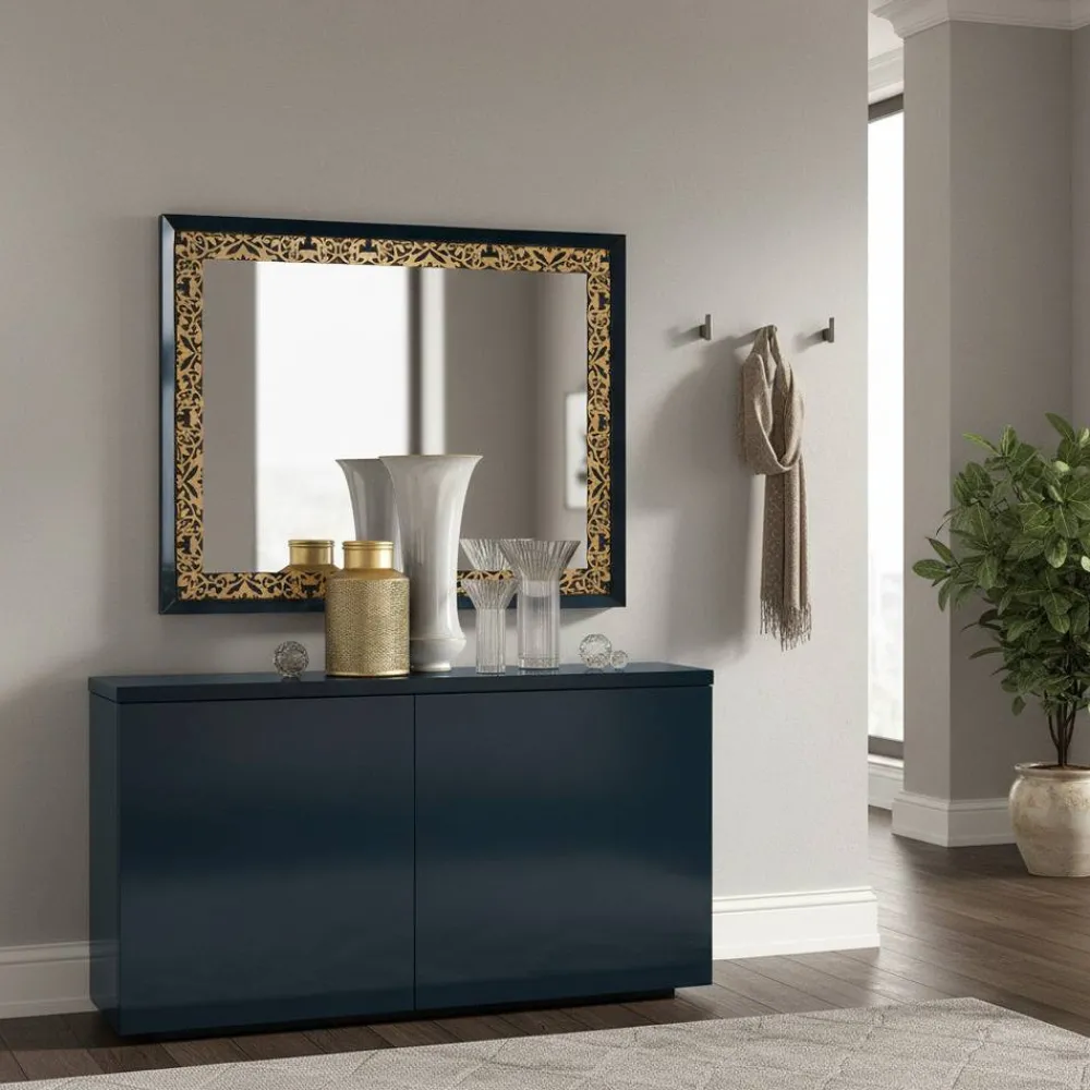 Wohnen Glasmöbel|Italienische Möbel*100x95x5 Spiegel im Matt Blau & Gold - Quado