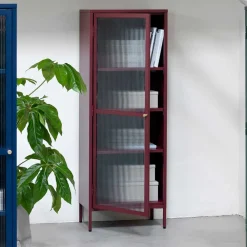 Wohnen Vitrinen|Wohnzimmer-Vitrinen*58x160x40 Stahl Vitrinenschrank in Dunkelrot - Enno