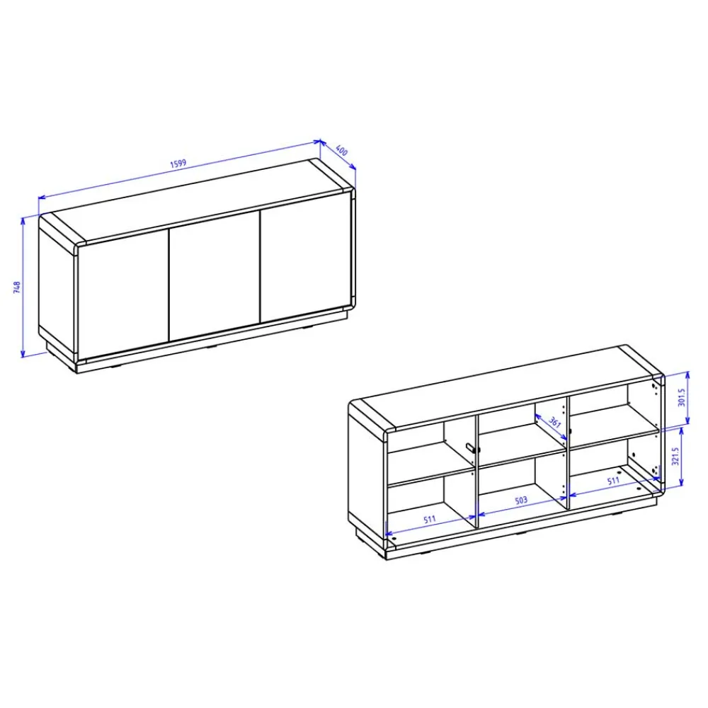 Wohnen 160x75x40 3-türiges Sideboard in Schwarz - Ilunas