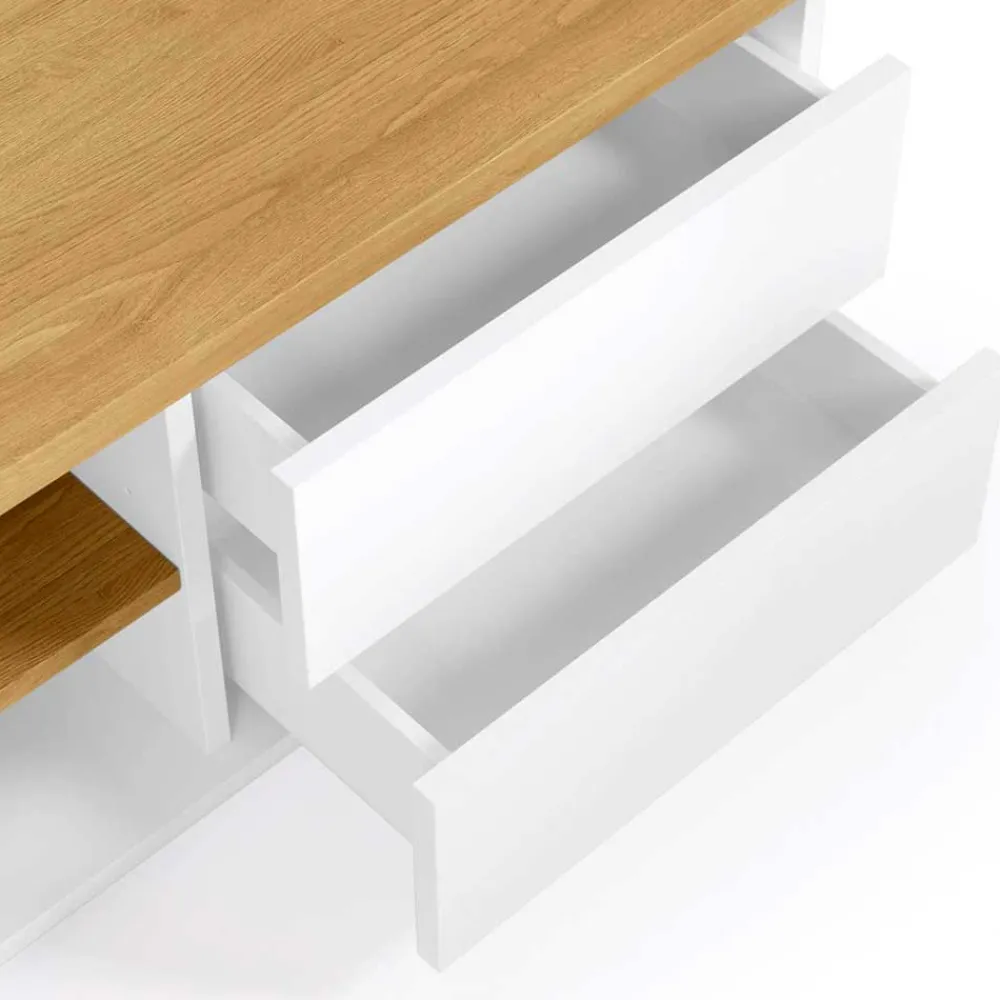 Wohnen 200x44x36 TV Lowboard in Weiß & Eiche - Vintilias
