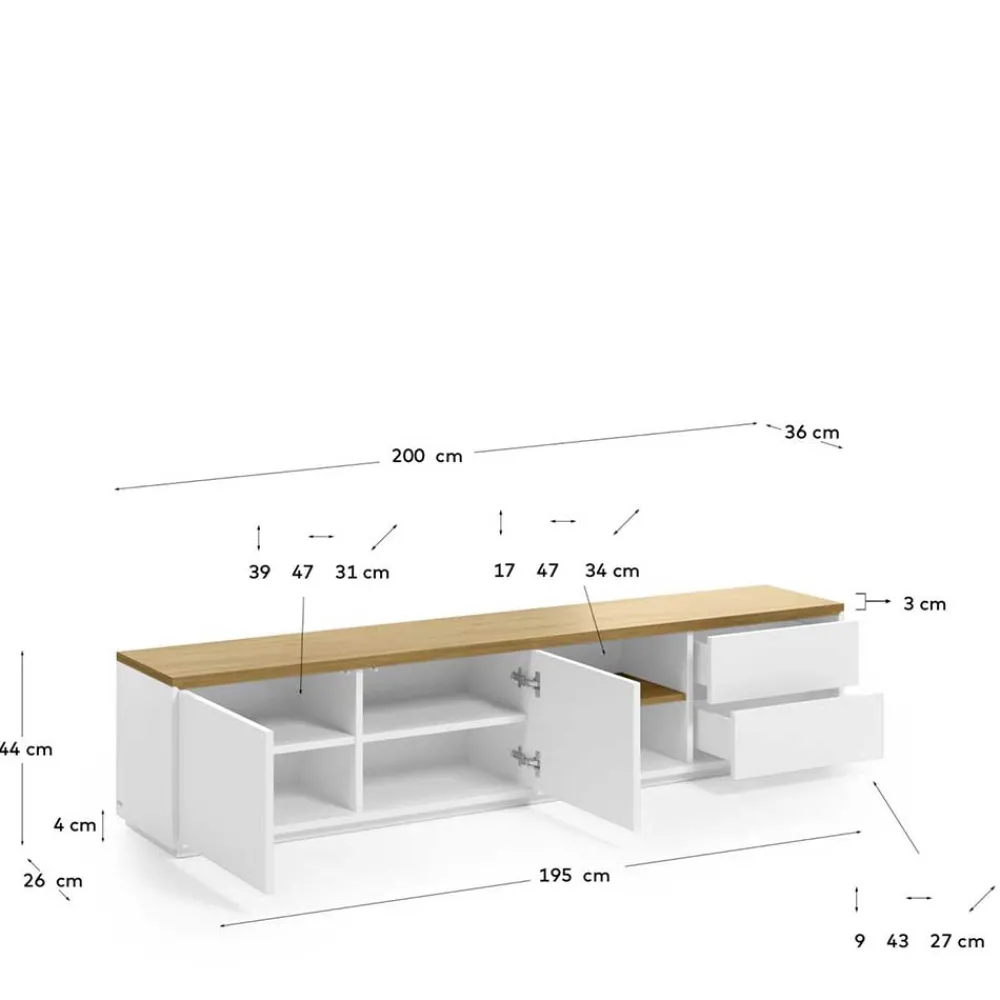 Wohnen 200x44x36 TV Lowboard in Weiß & Eiche - Vintilias