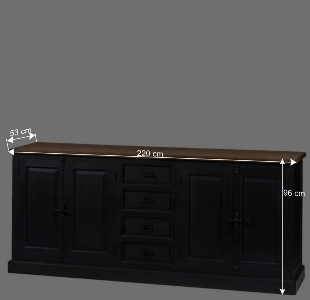 Wohnen 220x96x53 Vintage Design Anrichte in Schwarz - Niovan