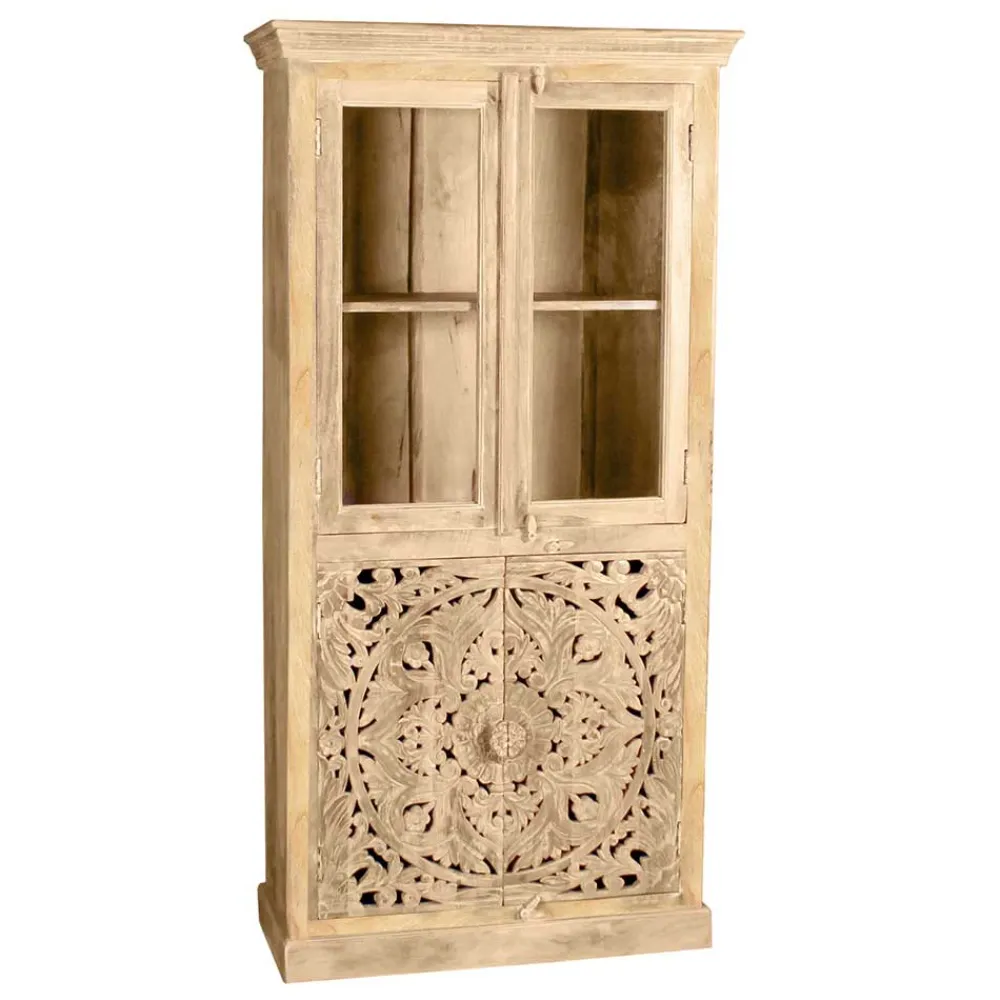 Wohnen 90x180x45 Vintage Holzvitrine mit Schnitzerei - Runiasa