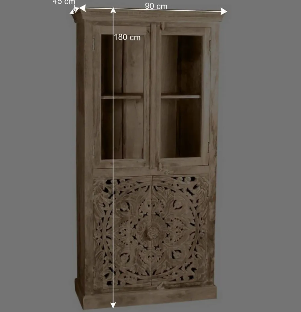 Wohnen 90x180x45 Vintage Holzvitrine mit Schnitzerei - Runiasa