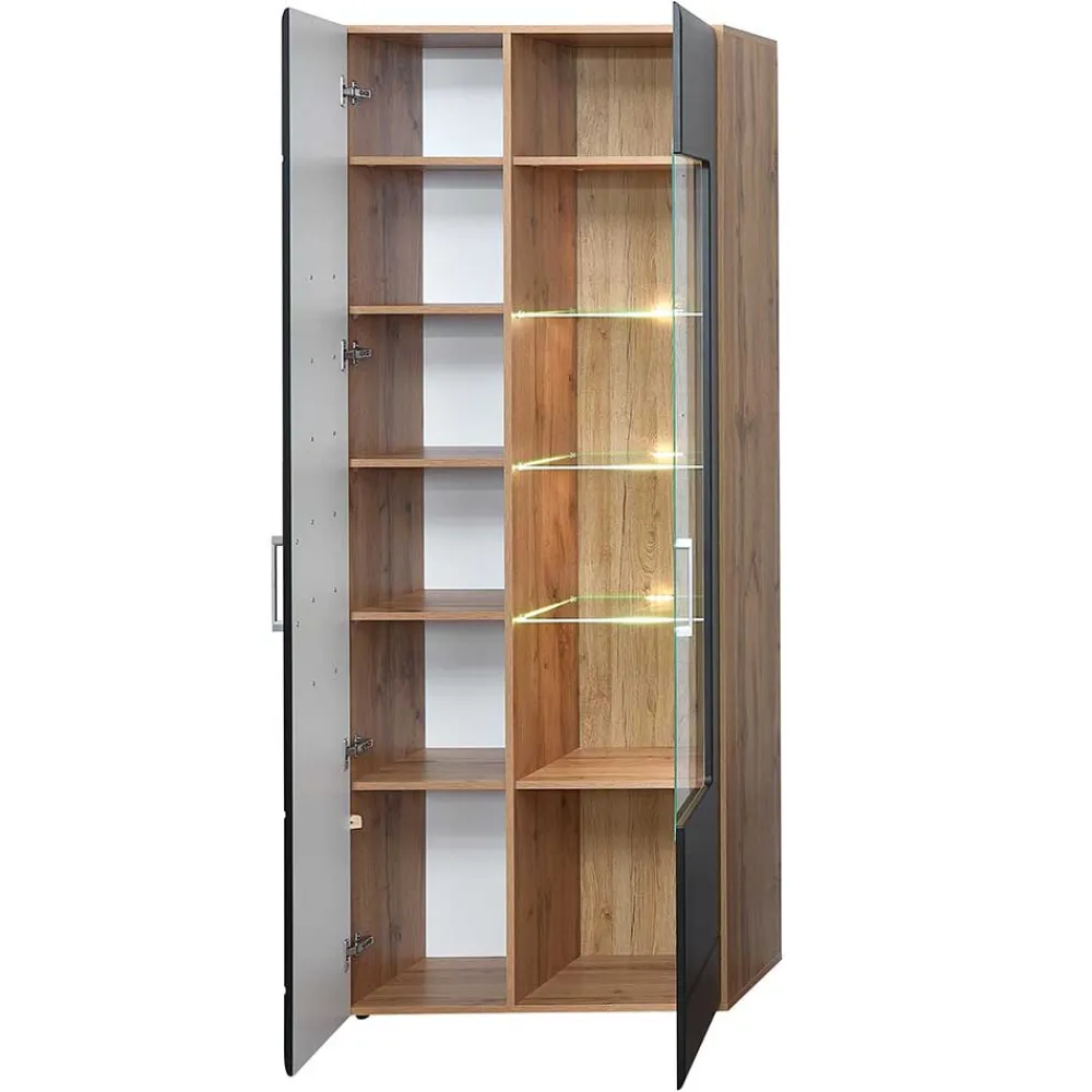 Wohnen Vitrinen|Wohnzimmer-Vitrinen*80x208x37 Vitrine in Schwarz & Wildeiche - Kandu