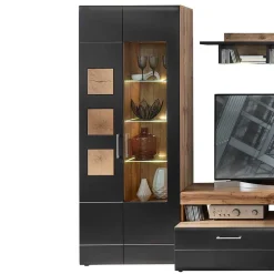 Wohnen Vitrinen|Wohnzimmer-Vitrinen*80x208x37 Vitrine in Schwarz & Wildeiche - Kandu