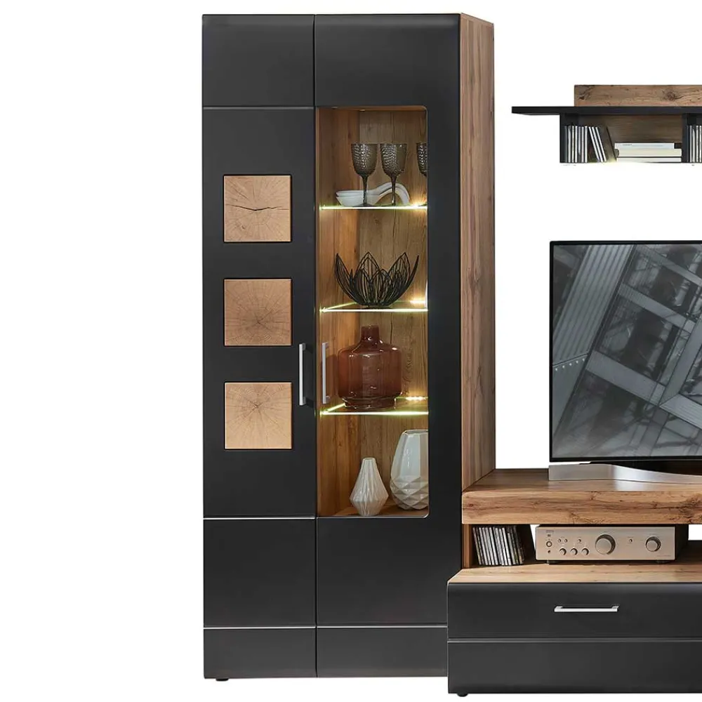 Wohnen Vitrinen|Wohnzimmer-Vitrinen*80x208x37 Vitrine in Schwarz & Wildeiche - Kandu