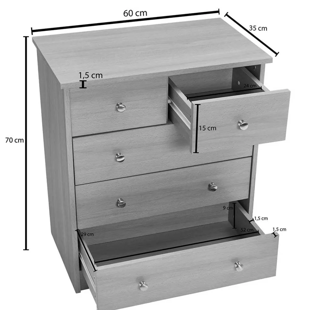Wohnen 60x70x35 Weiße Kommode mit fünf Schubladen - Hank