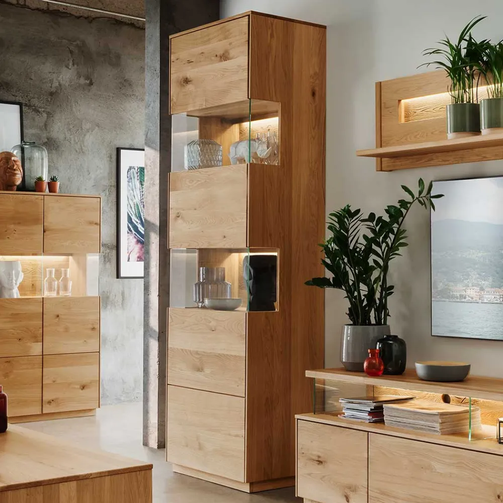 Wohnen 63x208x44 Wohnzimmer Vitrine aus Wildeiche massiv - Obinson