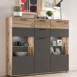 Wohnen 140x134x37 Wohnzimmerschrank Highboard mit Glas - Lucios