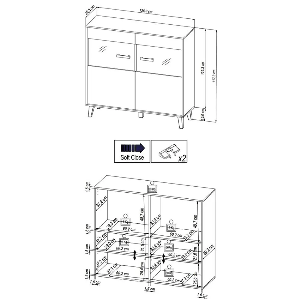 Wohnen Küchenschränke|Sideboards & Kommoden*126x118x40 Wohnzimmerschrank mit Glaseinsatz - Paniera