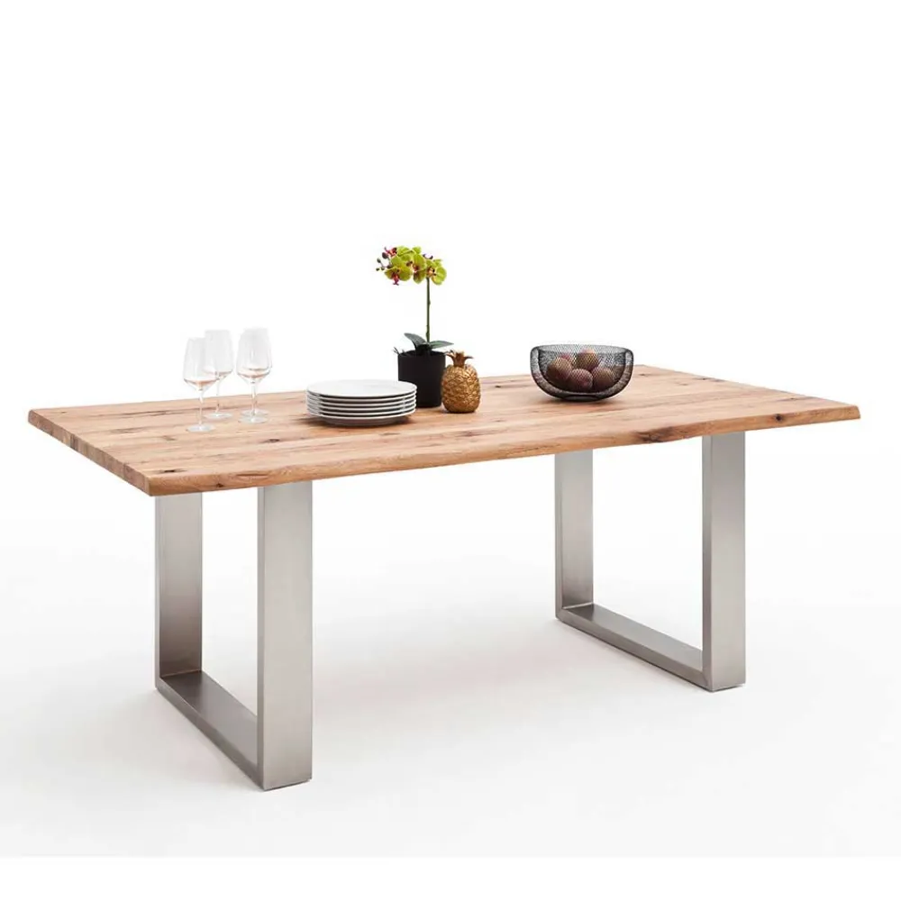 Wohnen Massivholzmöbel|Küchentische*Zerreiche Esstisch mit Baumkante Jelsica & Edelstahl Bügelgestell