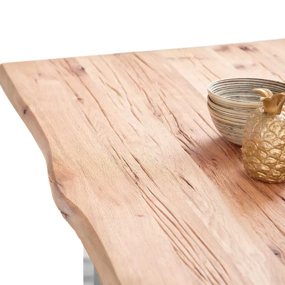 Wohnen Massivholzmöbel|Küchentische*Zerreiche Esstisch mit Baumkante Jelsica & Edelstahl Bügelgestell