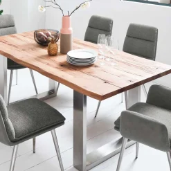 Wohnen Massivholzmöbel|Küchentische*Zerreiche Esstisch mit Baumkante Jelsica & Edelstahl Bügelgestell