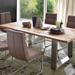 Wohnen Massivholzmöbel|Küchentische*Zerreiche Esstisch mit Baumkante Jelsica & Edelstahl Bügelgestell